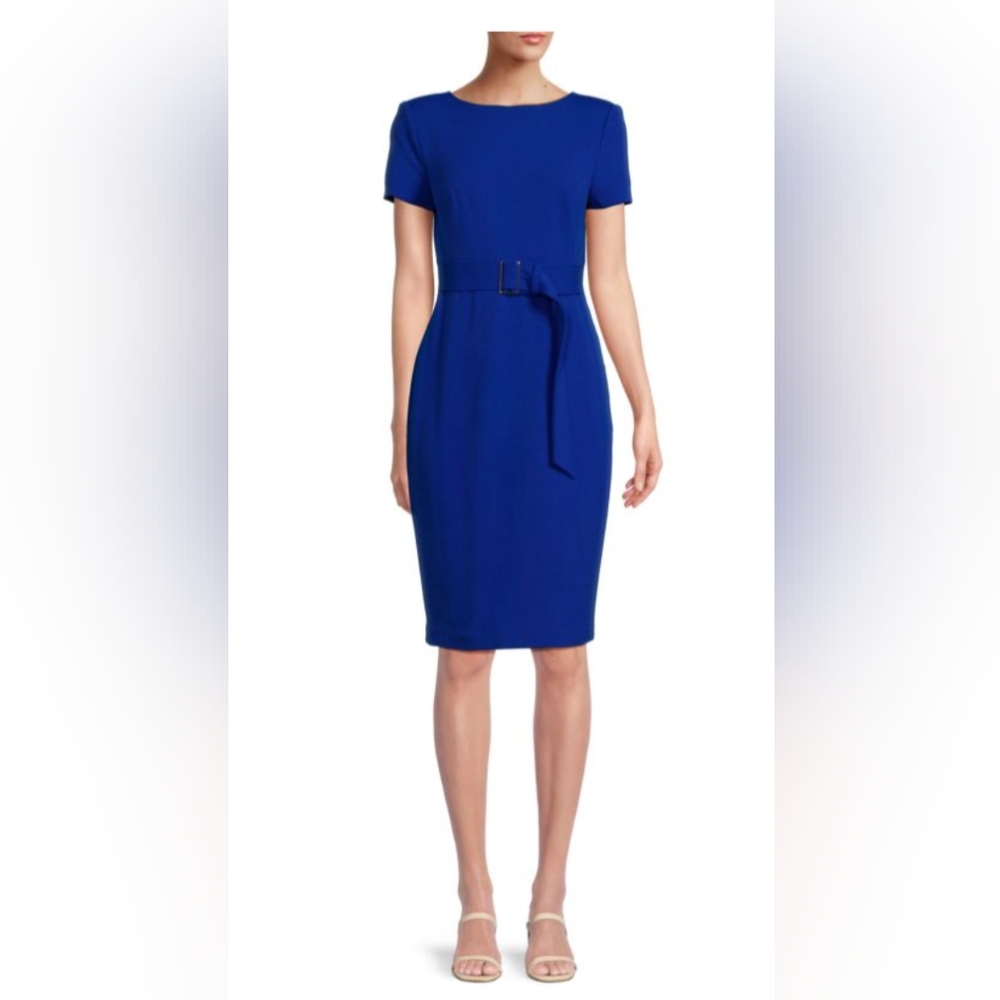 Calvin Klein Cobalt Blue Solid Belted Sheath Dress